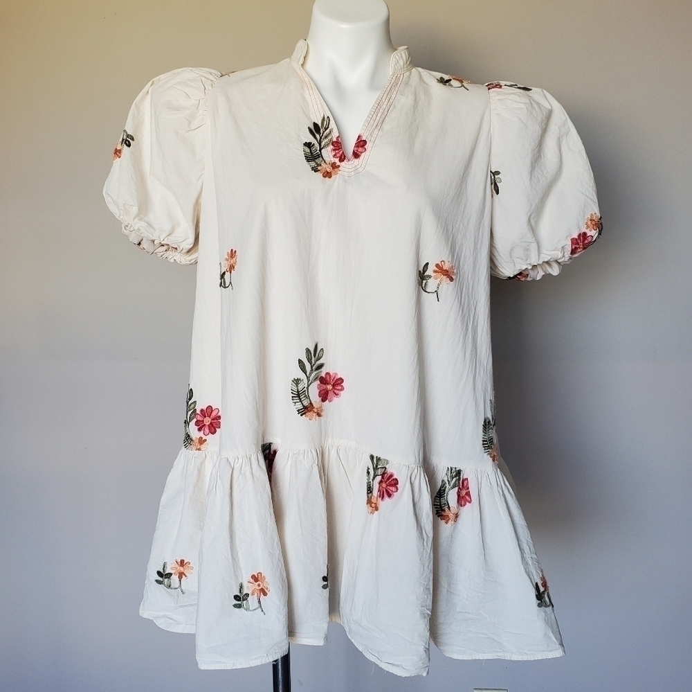 ChouChou Embroidered Cottagecore Grannycore Tunic Top Puff Sleeve Mini Dress